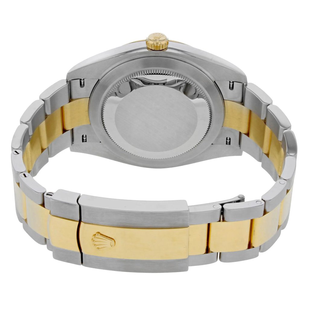 Back View Of Solid Back Case And Closed Gold Band Of Rolex M126303-0005 Watch Unworn Condition