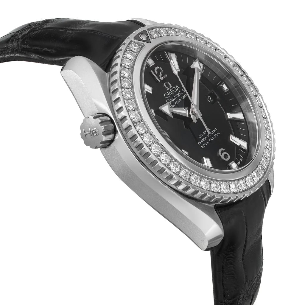 An image of a pre-owned wristwatch shown from a side profile view, opposite the crown. The watch has a silver case with a diamond-studded bezel and a black dial. The angle highlights the sleek design and textured leather strap, captured at a close distance.