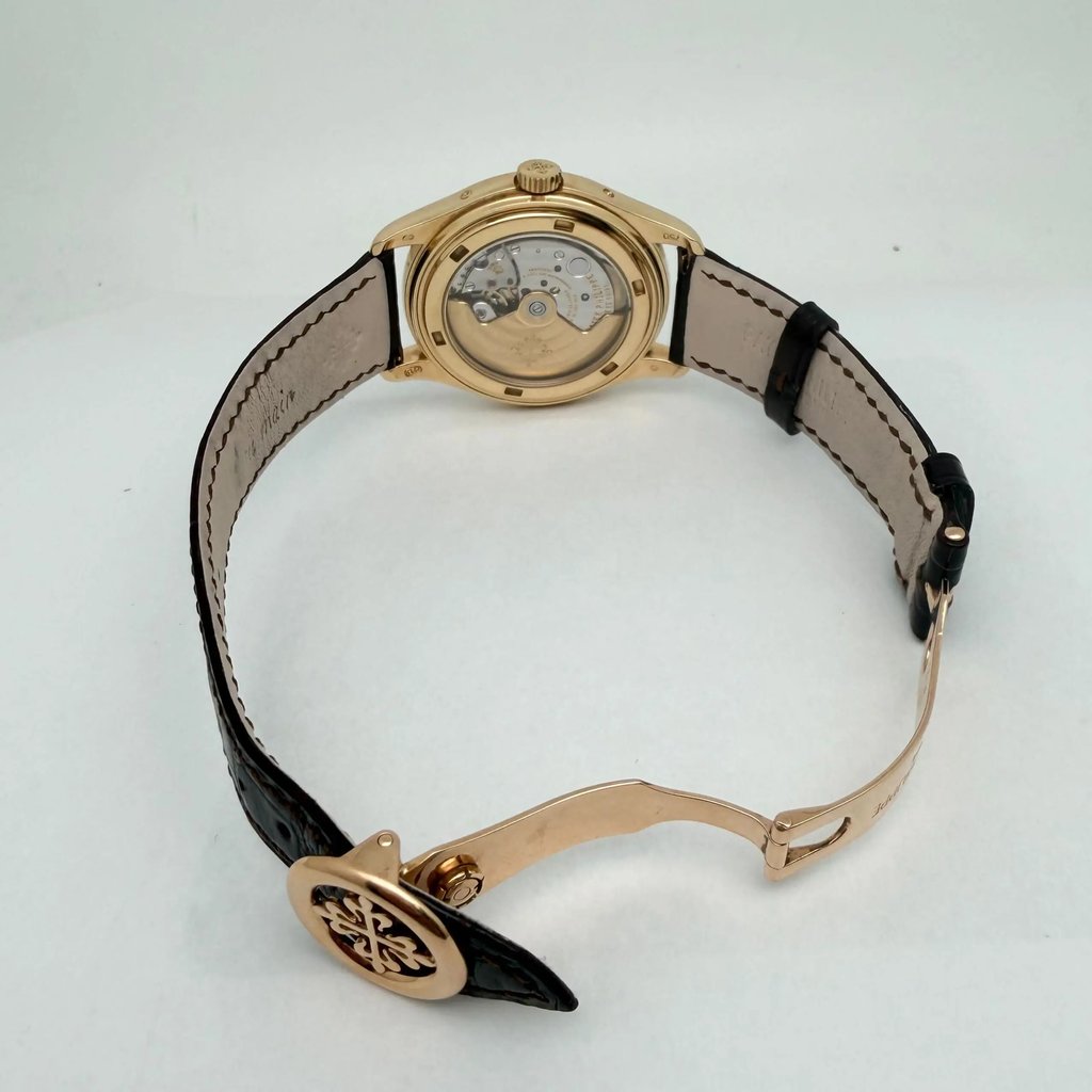 Back View Of Screwback Back Case And Open Leather Band Of Patek Philippe 5146J-001 Watch Pre Owned Condition