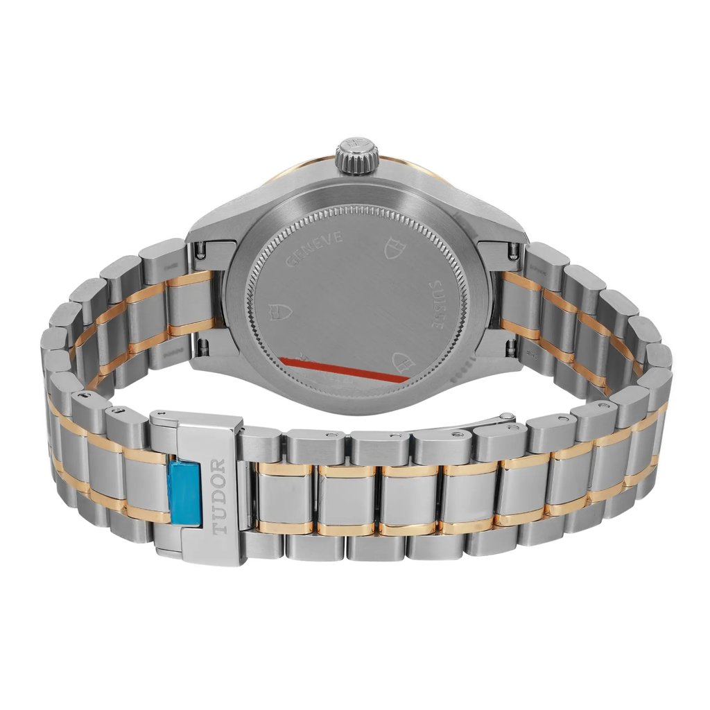 Back View Of Screwback Back Case And Closed Stainless Steel,Yellow Gold Band Of TUDOR 12303-0003 Watch Unworn Condition