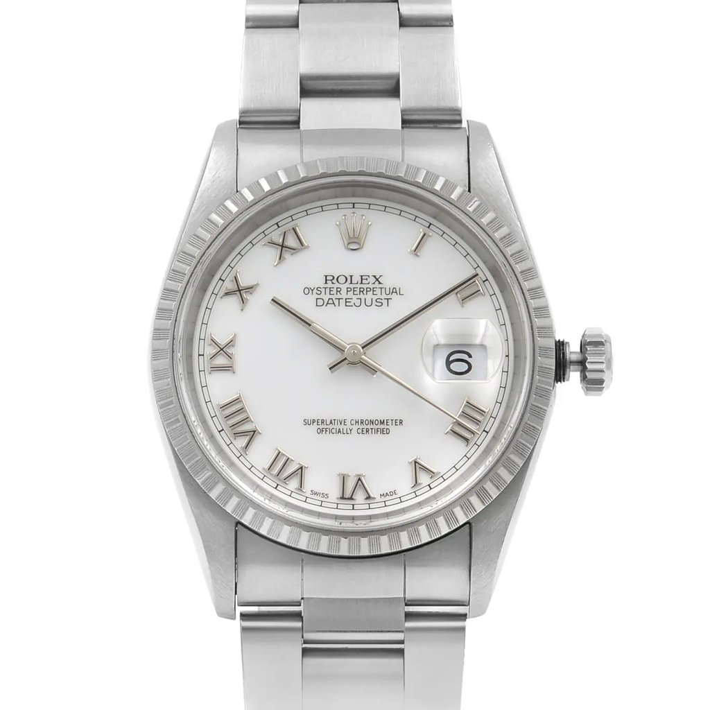 Up Close Front Facing Picture Of Rolex 16220 Stainless Steel Watch Pre Owned Condition