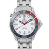 An image of a pre-owned men's OMEGA Seamaster Diver 300M James Bondwristwatch, viewed from the front at a straight angle. The watch face is white with bold, luminous hands and a date indicator at the 3 o'clock position. The bezel is a combination of blue and red, and the watch is attached to a steel metal bracelet.