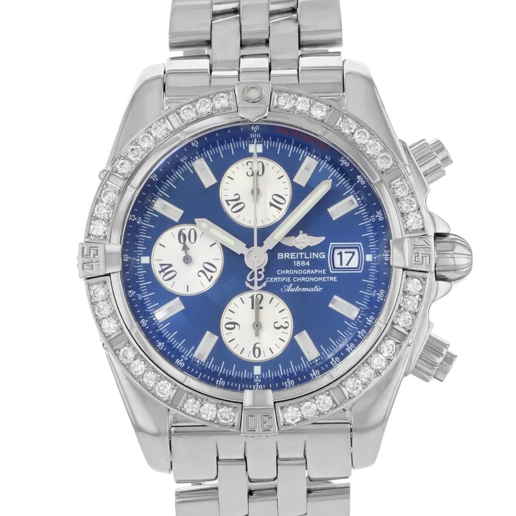 Up Close Front Facing Picture Of Breitling A13356 Stainless Steel Watch Pre Owned Condition