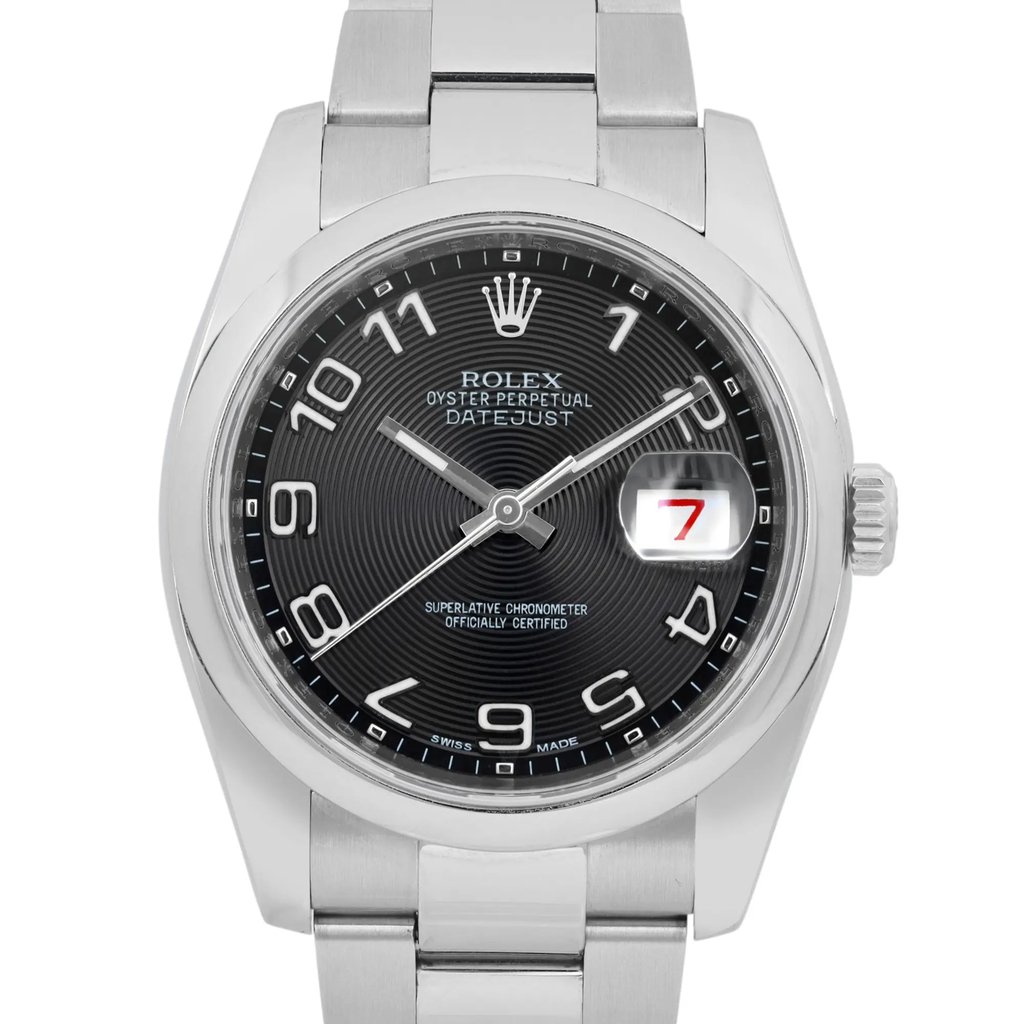 Up Close Front Facing Picture Of Rolex 116200 Stainless Steel Watch Pre Owned Condition