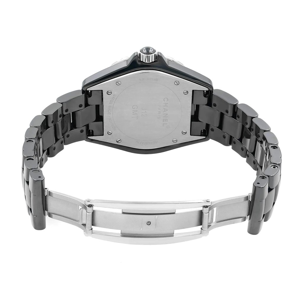 An image of a pre-owned wristwatch taken from a direct back view, showing the open clasp. The watch has a polished metal bracelet with dark links and a visible clasp mechanism. The angle is straight-on, providing a clear view of the case back, displaying the brand details. The photograph is taken from a close distance, highlighting the watch's condition and intricate details.