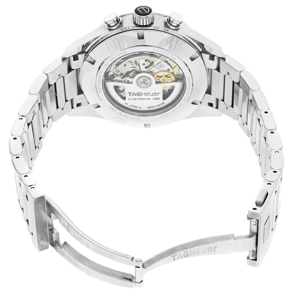 Back View Of Exhibition Back Case And Open Stainless Steel Band Of TAG Heuer CAR2B11.BA0799 Watch Pre Owned Condition