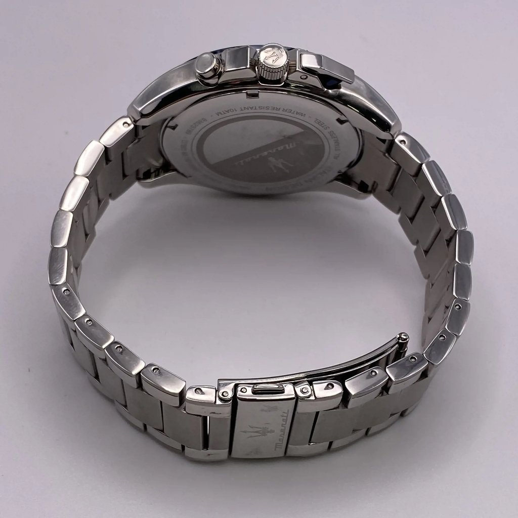 Back View Of Screwback Back Case And Closed Stainless Steel Band Of Maserati R8873612043 Watch Pre Owned Condition