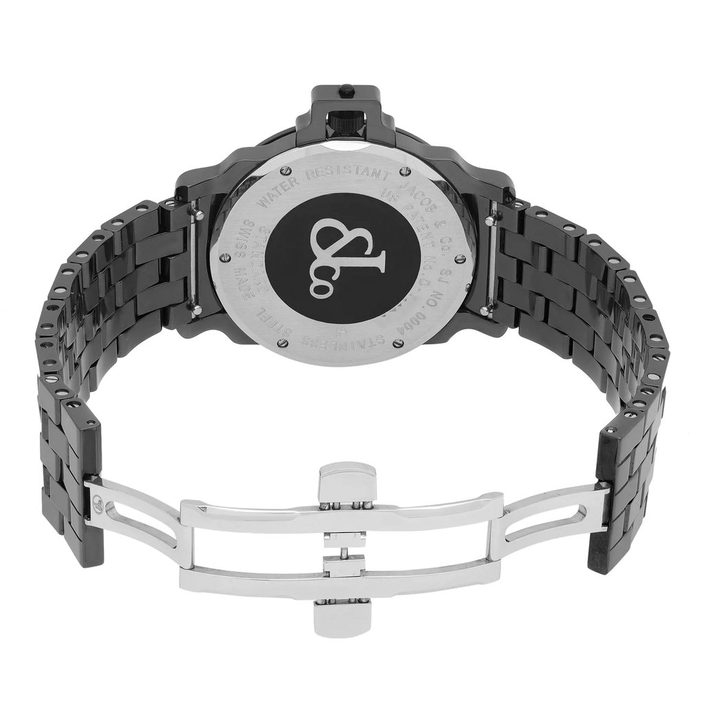 An image of a pre-owned wristwatch showing the back view with an open clasp. The metal bracelet is fully extended, revealing the watch's rear casing. The angle is straight-on from a moderate distance, highlighting the intricate design of the clasp and the brand's logo on the back of the watch.