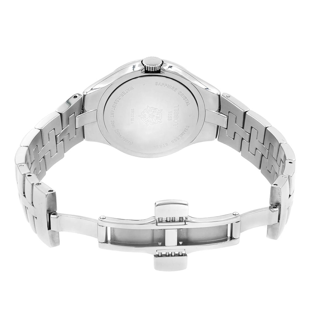 Back View Of Snap Back Case And Open Stainless Steel Band Of Tissot T082.210.11.058.00 Watch Pre Owned Condition