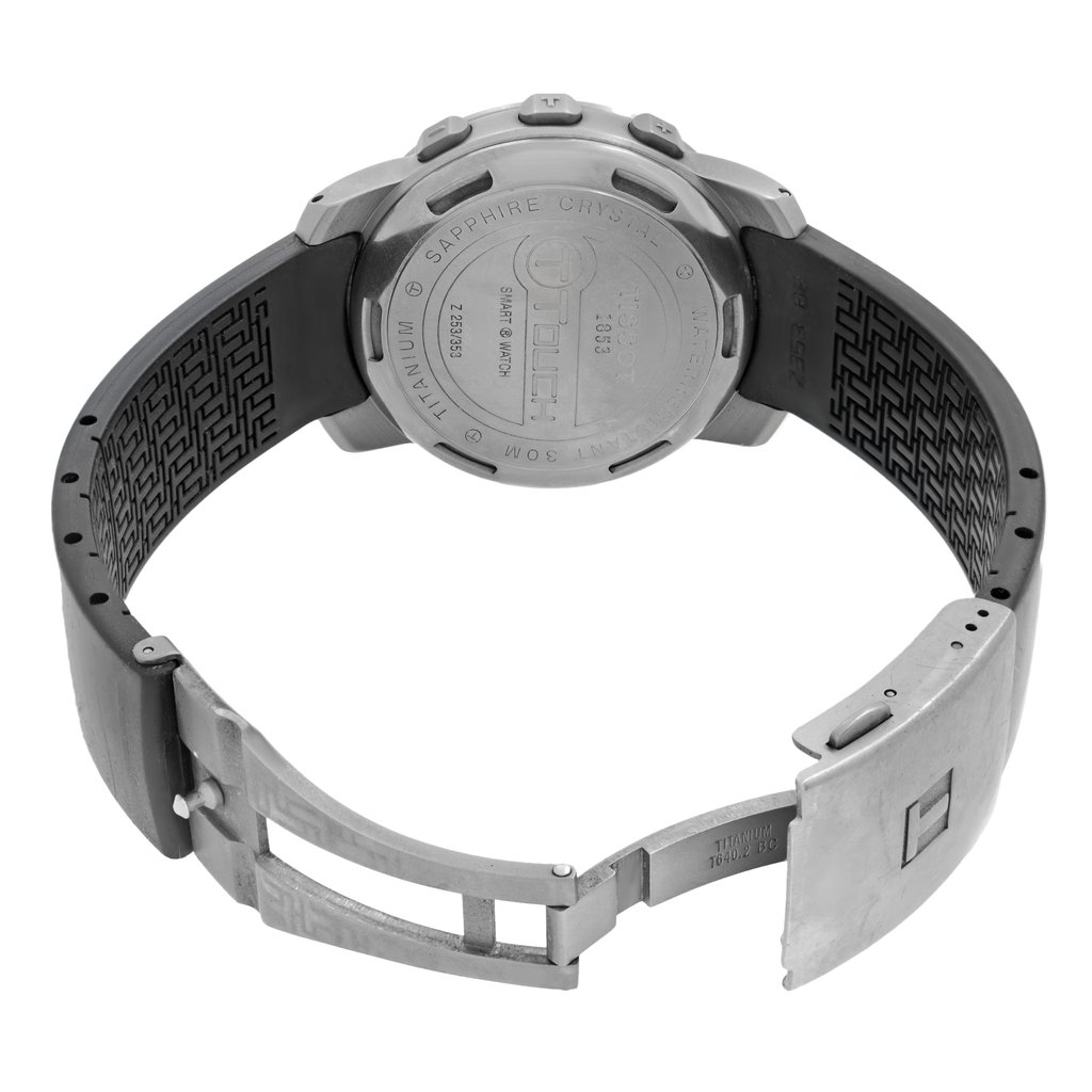 Back View Of Solid Back Case And Open Rubber,Titanium Band Of Tissot T047.420.47.057.00 Watch Pre Owned Condition