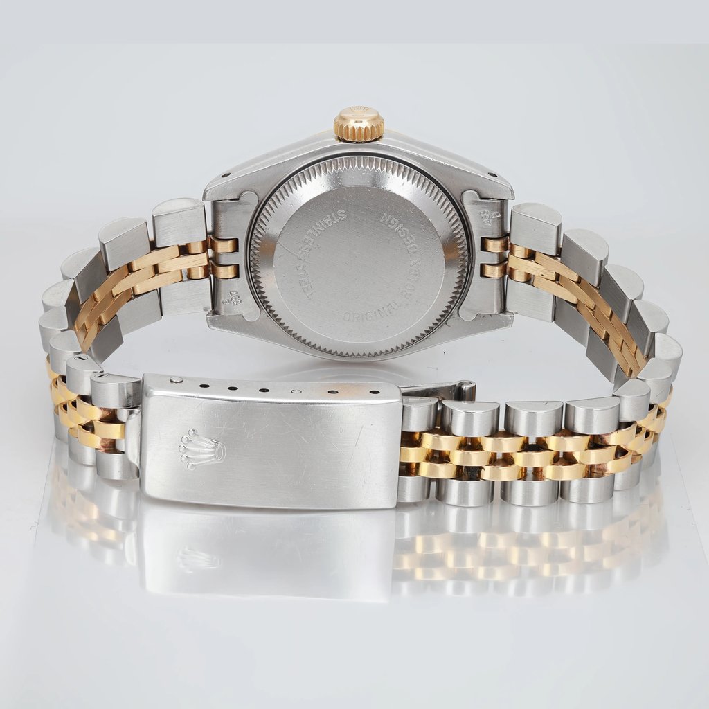 Back View Of Solid Back Case And Closed Stainless Steel,Yellow Gold Band Of Rolex 69173 Watch Pre Owned Condition