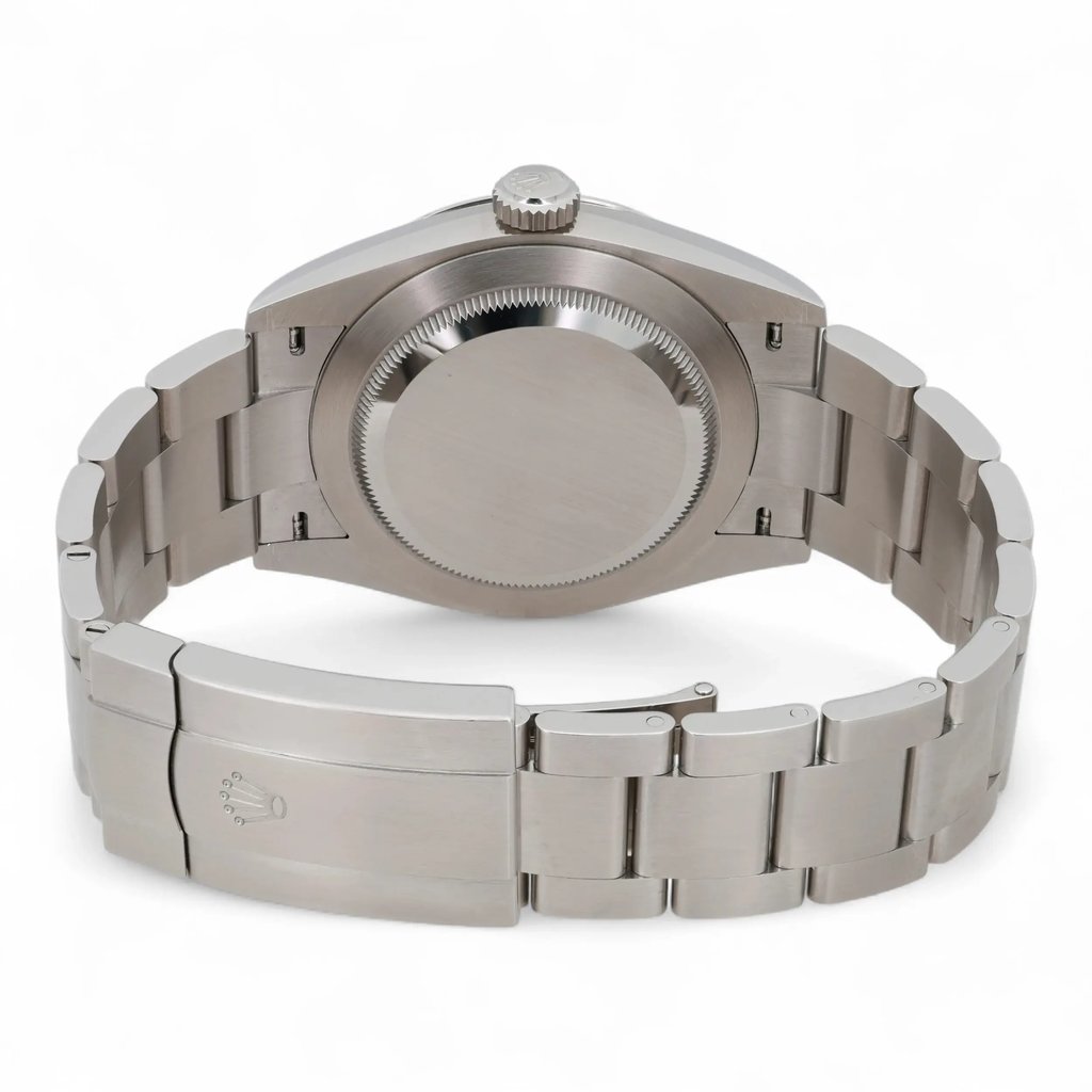 Back View Of Solid Back Case And Closed Stainless Steel Band Of Rolex 134300 Watch Unworn Condition