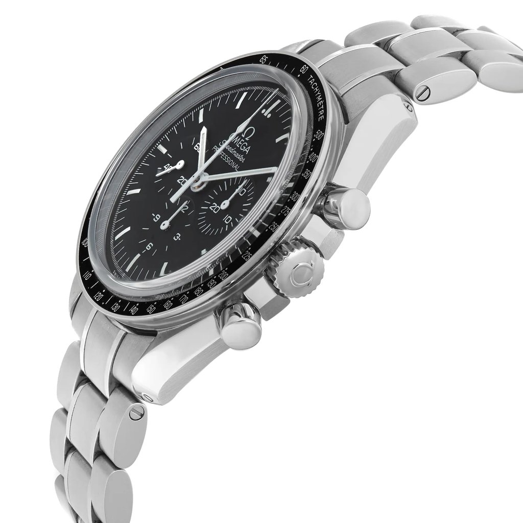 An image of a Wristwatch by OMEGA. This Pre Owned item is designed for Men, featuring a Sport style. It has a Mechanical (Automatic) movement and an Analog display with a Black dial color. The indices include 12-Hour Dial,Stick Indexes. The band is made of Stainless Steel and the case is made of Stainless Steel. The watch has a Round shape with a case size of 42 mm and a case thickness of 14 mm.