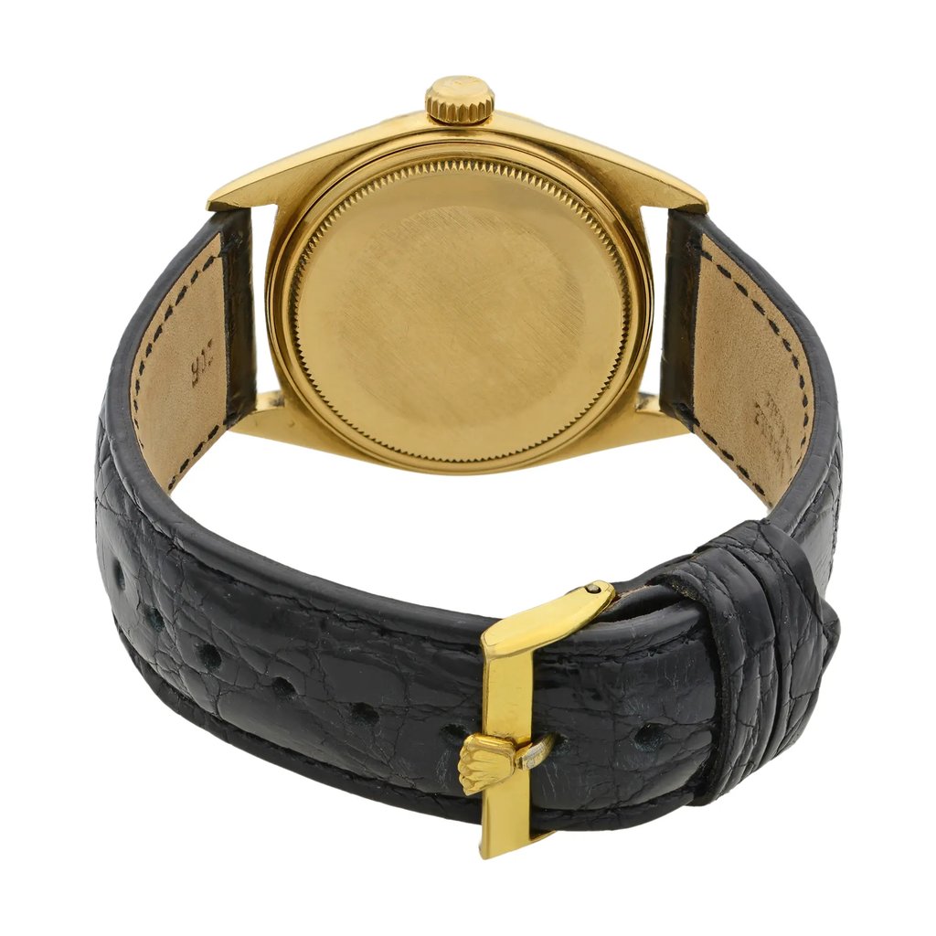 Back View Of {Caseback} Back Case And Closed Leather Band Of Rolex 1803 Watch Pre Owned Condition