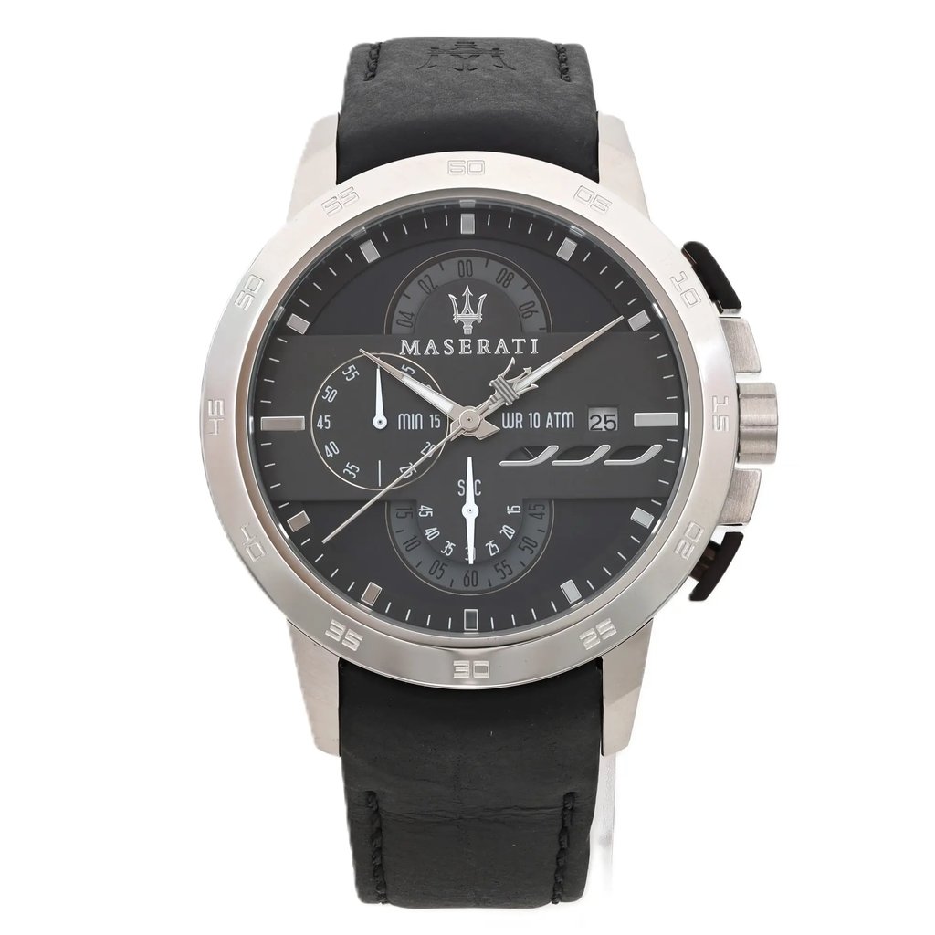 An image of a Wristwatch by Maserati. This Unworn item is designed for Men, featuring a Dress/Formal style. It has a Quartz movement and an Analog display with a Black dial color. The indices include 12-Hour Dial,Baton Indexes. The band is made of Leather and the case is made of Stainless Steel. The watch has a Round shape with a case size of 45 mm and a case thickness of 13 mm.