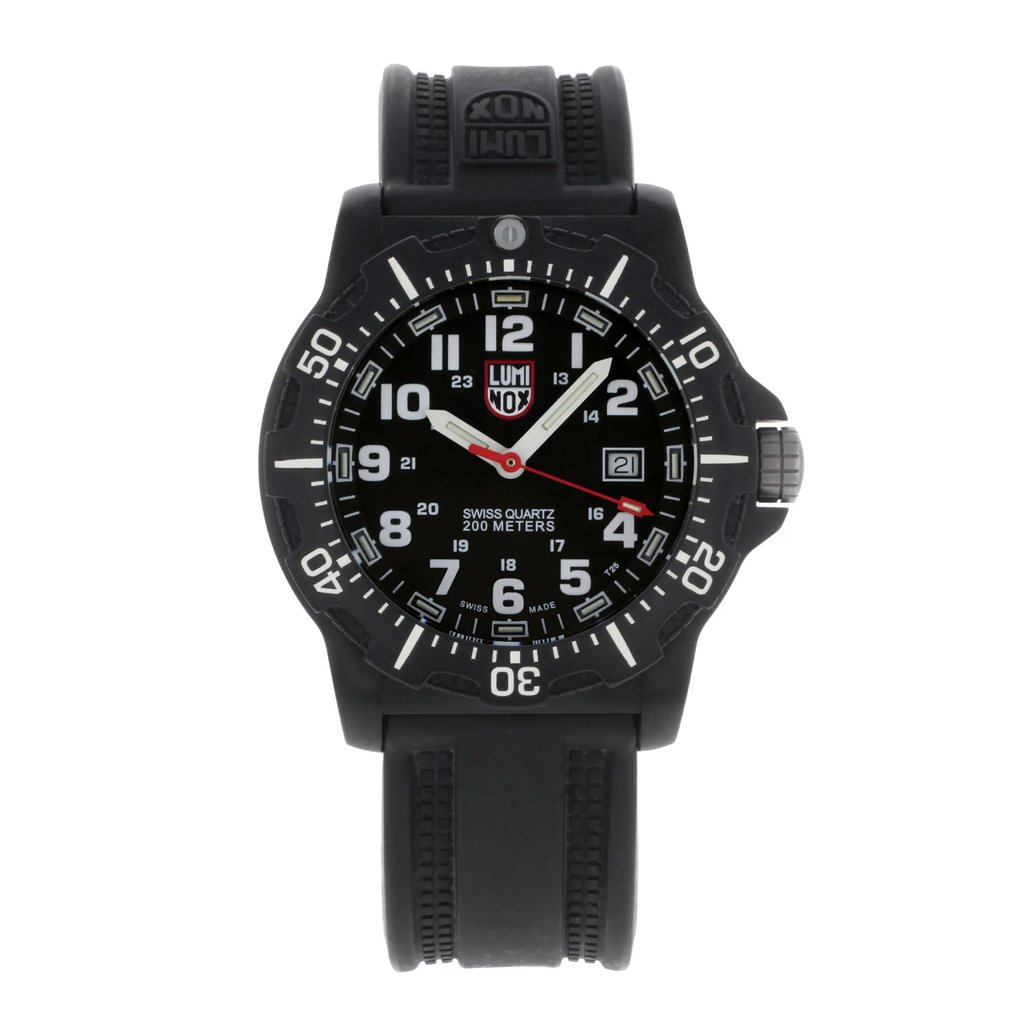 An image of a Wristwatch by Luminox. This Pre Owned item is designed for Men, featuring a Casual,Diver,Military style. It has a Quartz movement and an Analog display with a Black dial color. The indices include 12-Hour Dial,Arabic Numerals. The band is made of Silicon/Rubber and the case is made of Carbon. The watch has a Round shape with a case size of 45 mm and a case thickness of 13 mm.