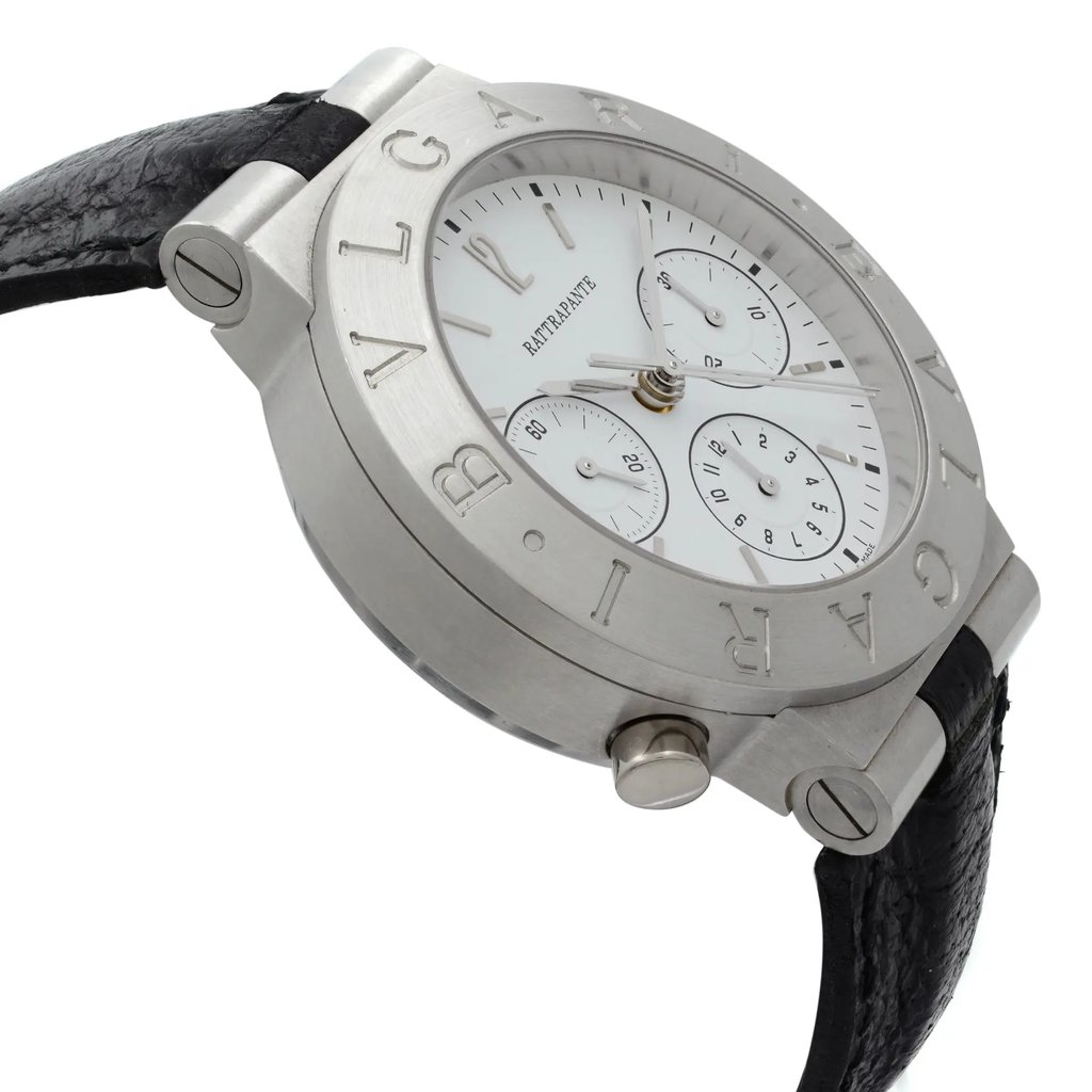 An image of a pre-owned men's Bvlgari wristwatch featuring a chronograph and small seconds subdial. The watch is positioned at a slight angle, showcasing its platinum bezel engraved with "BVLGARI" and a white dial with three subdials. The leather strap is partially visible, and the watch is photographed from a close distance, highlighting its details and craftsmanship.