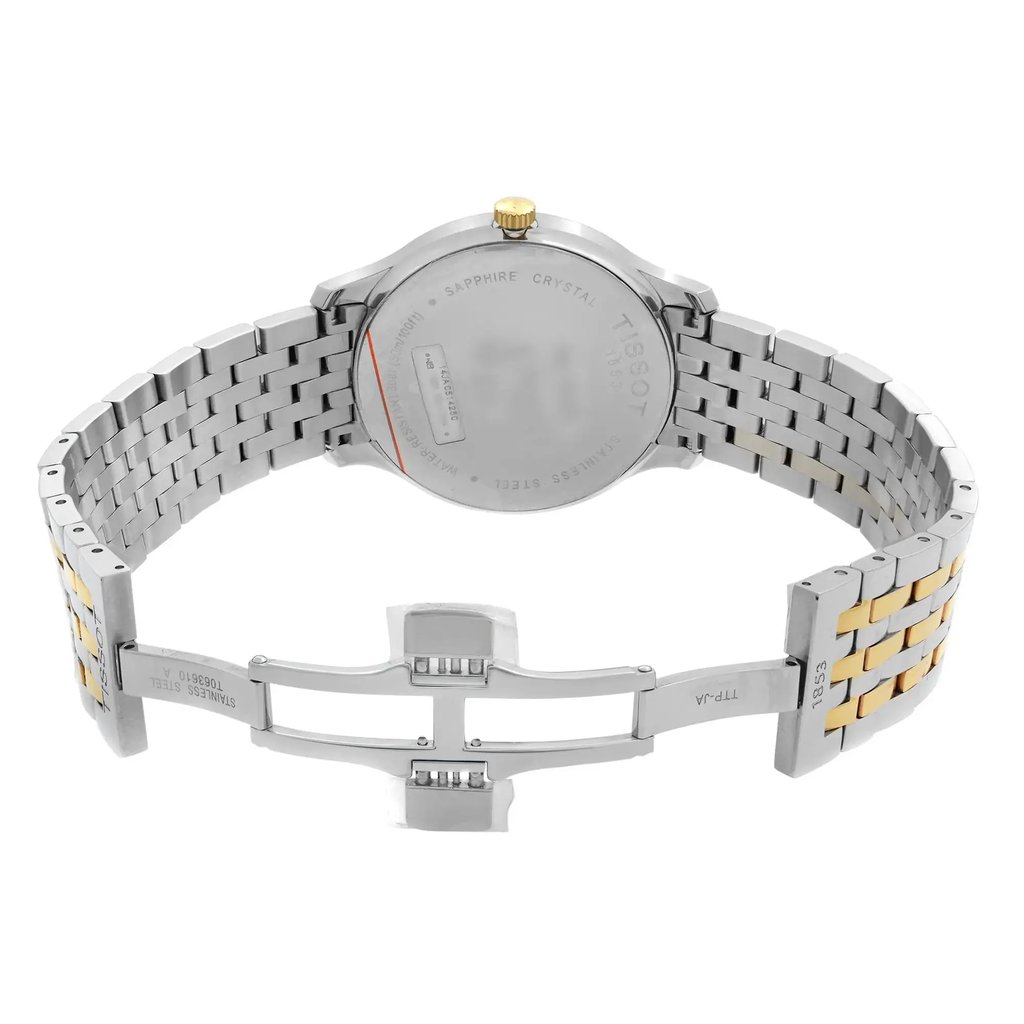 Back View Of Solid Back Case And Open Stainless Steel Band Of Tissot T063.610.22.037.00 Watch Pre Owned Condition