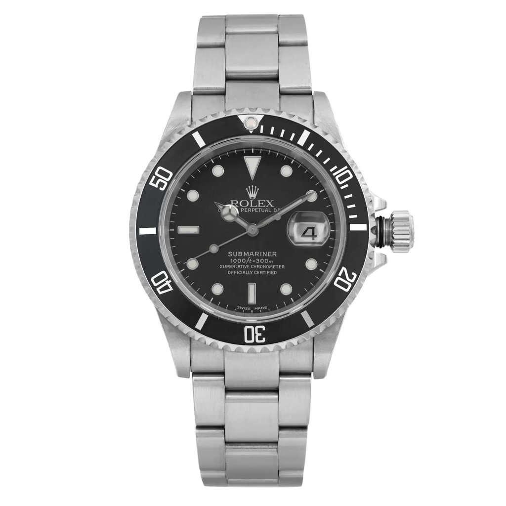 An image of a pre-owned wristwatch captured from a front full-frontal view. The watch features a metal bracelet and a black dial with a date window. The photograph is taken from a close distance, showcasing the watch's details and design elements clearly.
