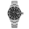 An image of a pre-owned wristwatch captured from a front full-frontal view. The watch features a metal bracelet and a black dial with a date window. The photograph is taken from a close distance, showcasing the watch's details and design elements clearly.