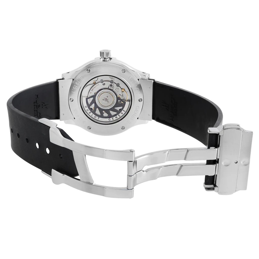 Back View Of Exhibition Back Case And Open Rubber Band Of Hublot B1915.1 Watch Pre Owned Condition
