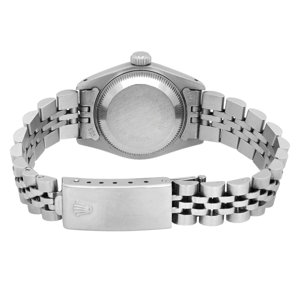 Back View Of Solid Back Case And Closed Stainless Steel Band Of Rolex 69174 Watch Pre Owned Condition