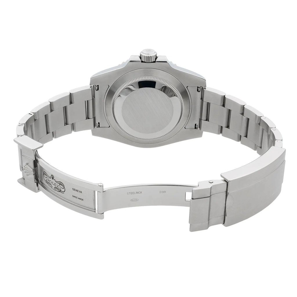 Back View Of Solid Back Case And Open Stainless Steel Band Of Rolex 114060 Watch Pre Owned Condition