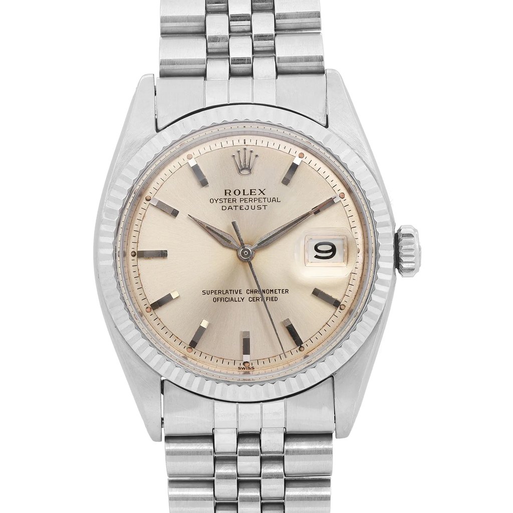Up Close Front Facing Picture Of Rolex 1601 Stainless Steel Watch Pre Owned Condition