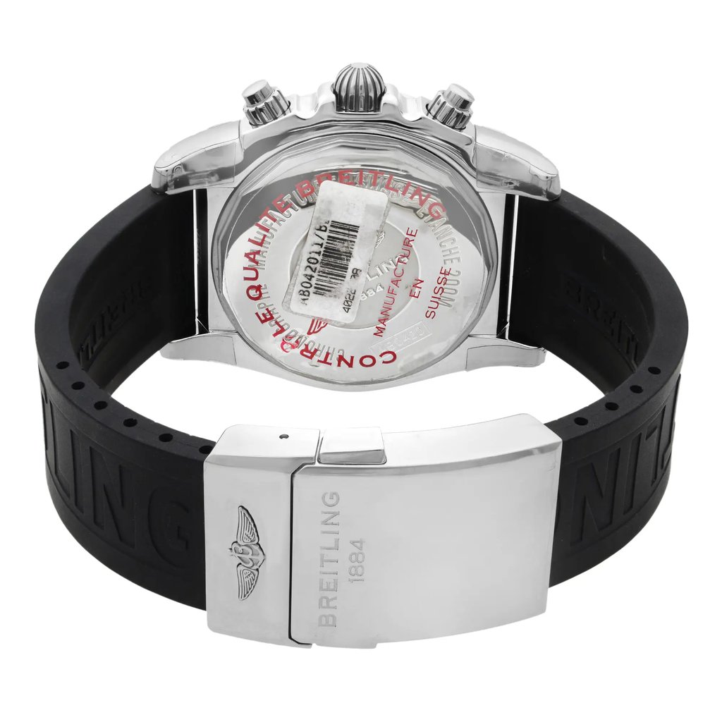 Back View Of Solid Back Case And Closed Rubber Band Of Breitling AB042011/BB56-153S Watch Unworn Condition