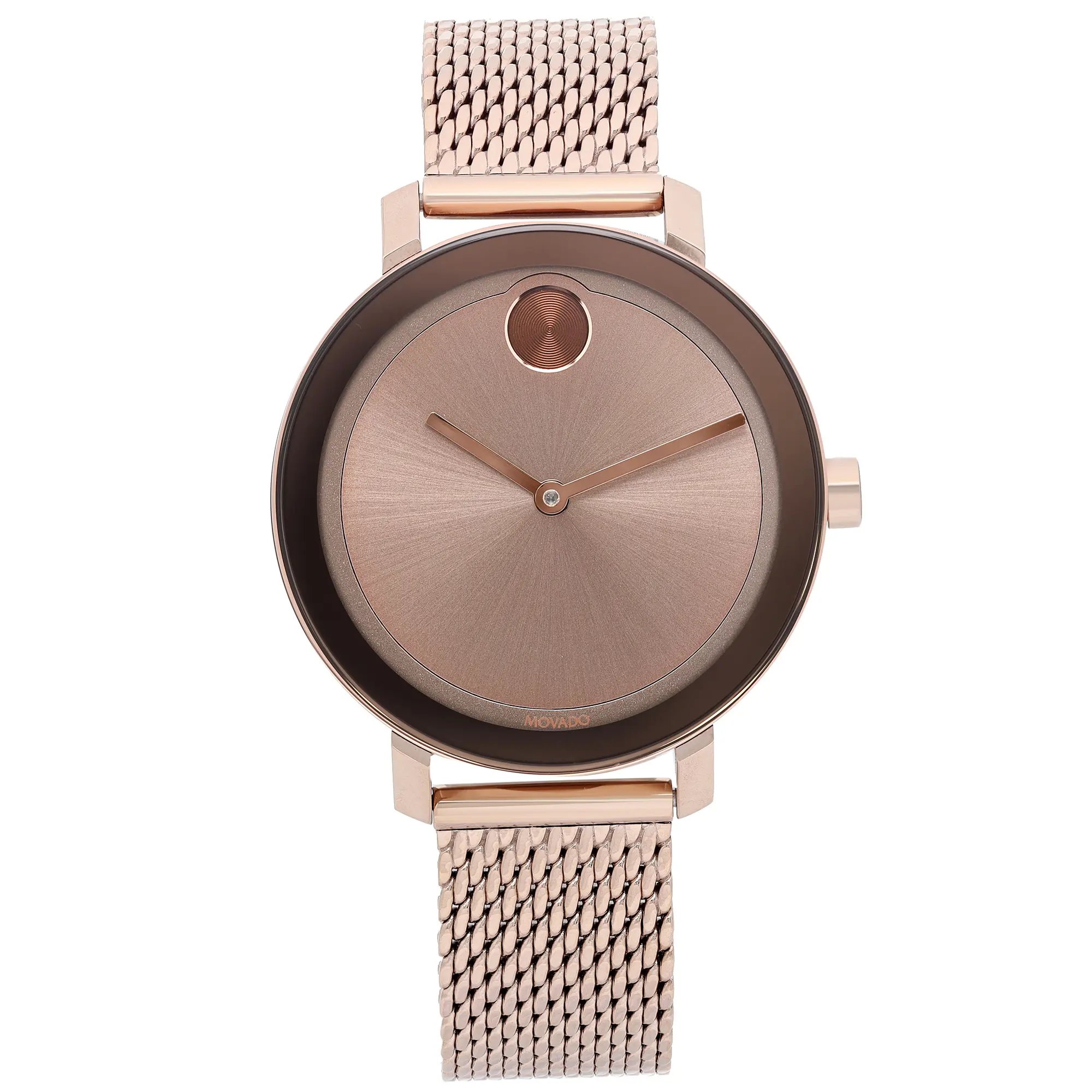 An image of a wristwatch taken from a front full frontal view. The watch features a sleek, round dial with a minimalistic design, including a single dot marker at the 12 o'clock position. The watch hands are slim and match the dial's color. It has a mesh band, and the entire piece has a uniform metallic finish. The condition is labeled as new with defects. The image is centered and closely cropped to focus on the watch's details.