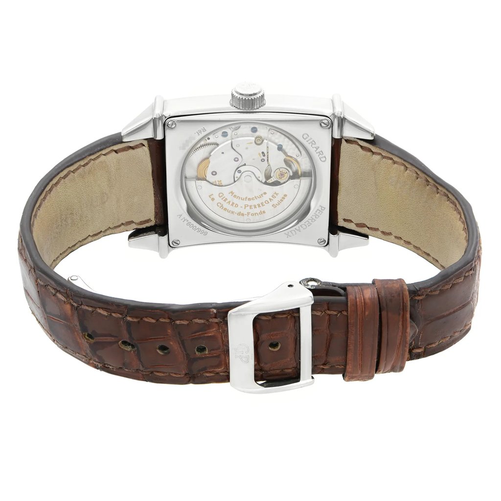 Back View Of Exhibition Back Case And Closed Leather Band Of Girard-Perregaux 25805-11-822-BAEA Watch Pre Owned Condition