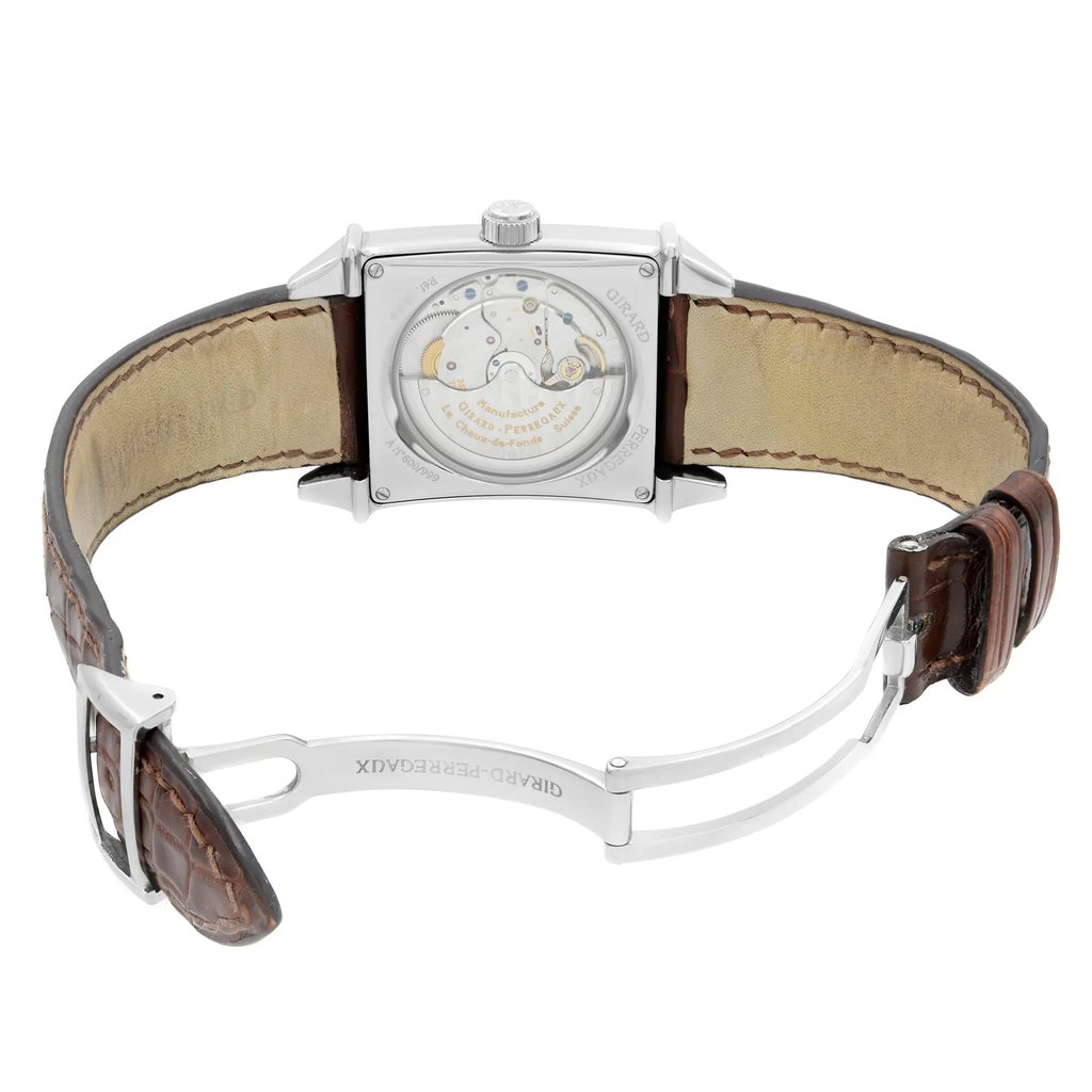 Back View Of Exhibition Back Case And Open Leather Band Of Girard-Perregaux 25805-11-822-BAEA Watch Pre Owned Condition