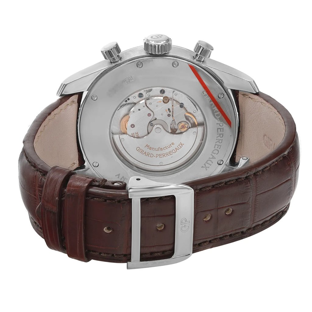 Back View Of Screwback Back Case And Closed Leather Band Of Girard-Perregaux 49590-11-111 Watch Pre Owned Condition