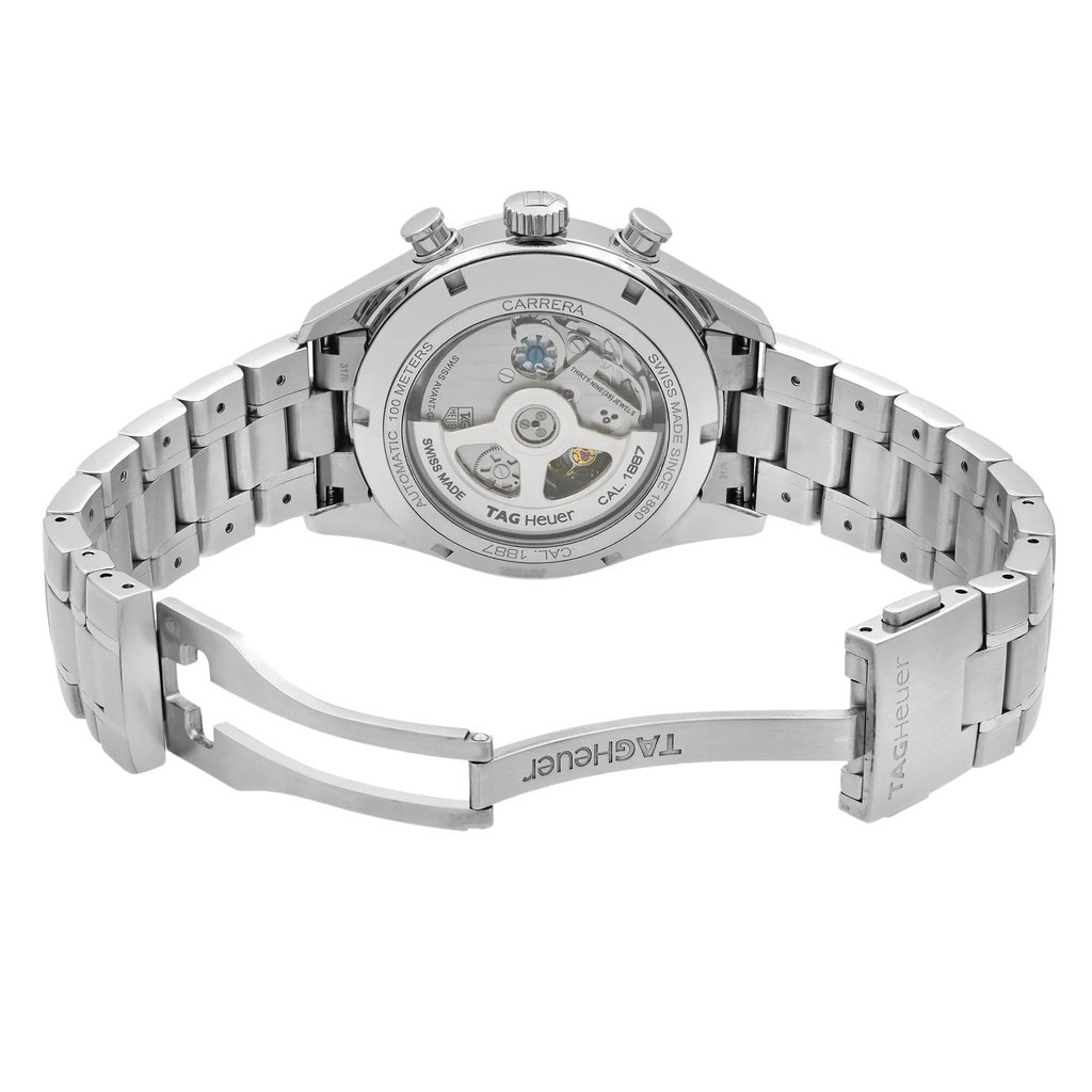Back View Of Exhibition Back Case And Open Stainless Steel Band Of TAG Heuer CAR2110.BA0720 Watch Pre Owned Condition