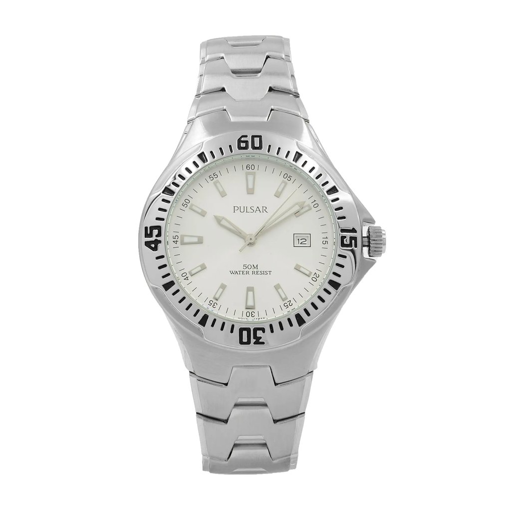 An image of a Wristwatch by Pulsar. This Display Model item is designed for Men, featuring a Casual style. It has a Japanese Quartz movement and an Analog display with a Silver dial color. The indices include Sticks. The band is made of Stainless Steel and the case is made of Stainless Steel. The watch has a Round shape with a case size of 40 mm and a case thickness of 9 mm.