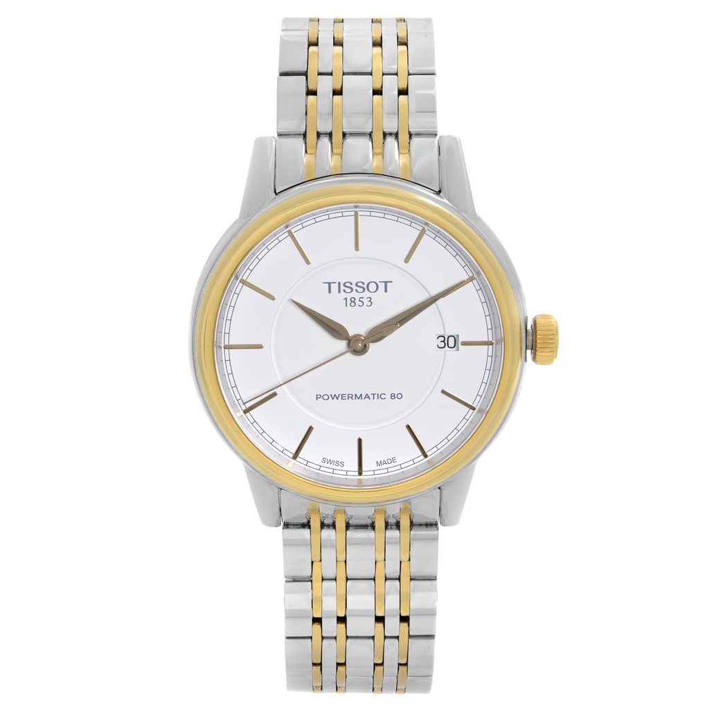An image of a Wristwatch by Tissot. This New With Defects item is designed for Men, featuring a Dress/Formal style. It has a Mechanical (Automatic) movement and an Analog display with a White dial color. The indices include 12-Hour Dial,Stick Indexes. The band is made of Stainless Steel and the case is made of Stainless Steel. The watch has a Round shape with a case size of 40 mm and a case thickness of 10 mm.