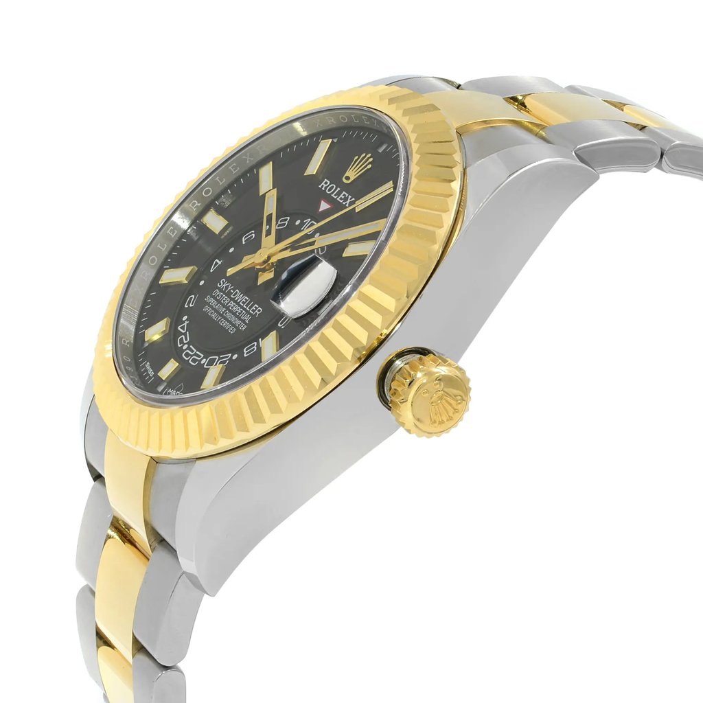 An image of a pre-owned men's luxury Rolex wristwatch in excellent condition, viewed from the side profile. The round watch features a black dial with a gold bezel, showing the crown prominently. The band and case are crafted from stainless steel, and the watch includes a date indicator and GMT function. The angle highlights the watch's elegant design and craftsmanship.