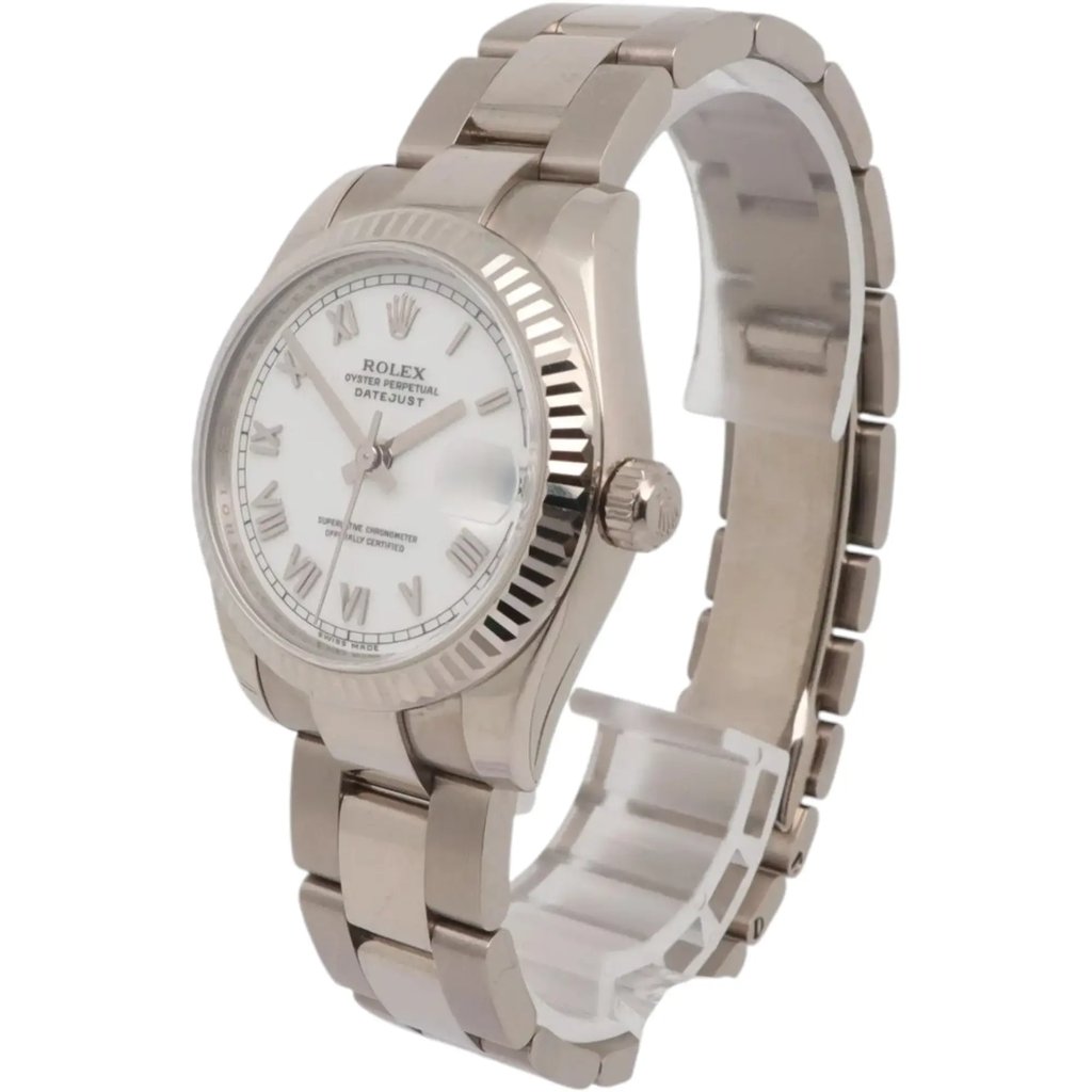 View Of Crown Facing Side Of Rolex 178279 White Gold Watch Pre Owned Condition