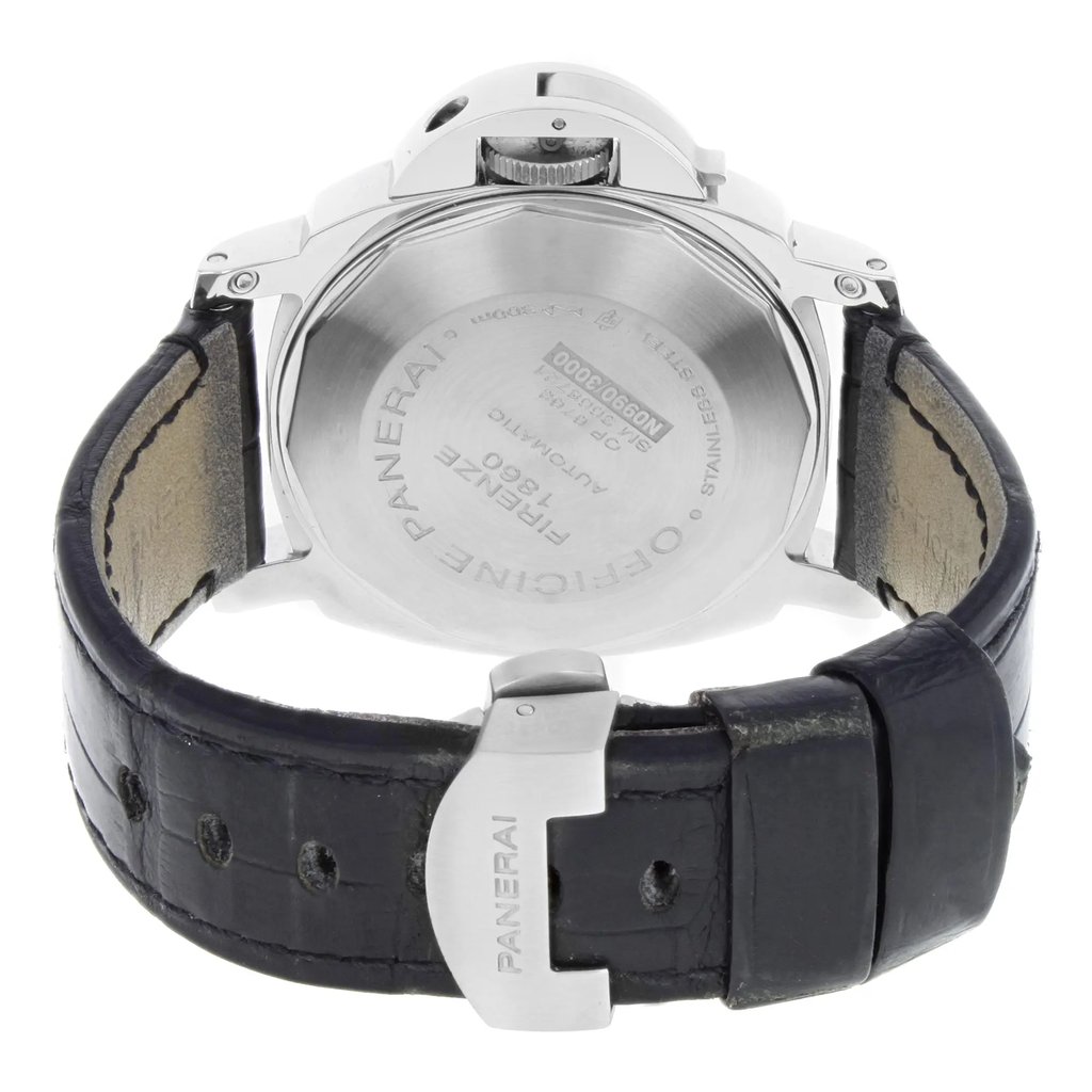 Back View Of {Caseback} Back Case And Closed Leather Band Of Panerai PAM00104 Watch Pre Owned Condition