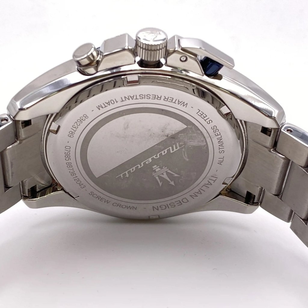 Back View Of Screwback Back Case And Closed Stainless Steel Band Of Maserati R8873612043 Watch Pre Owned Condition