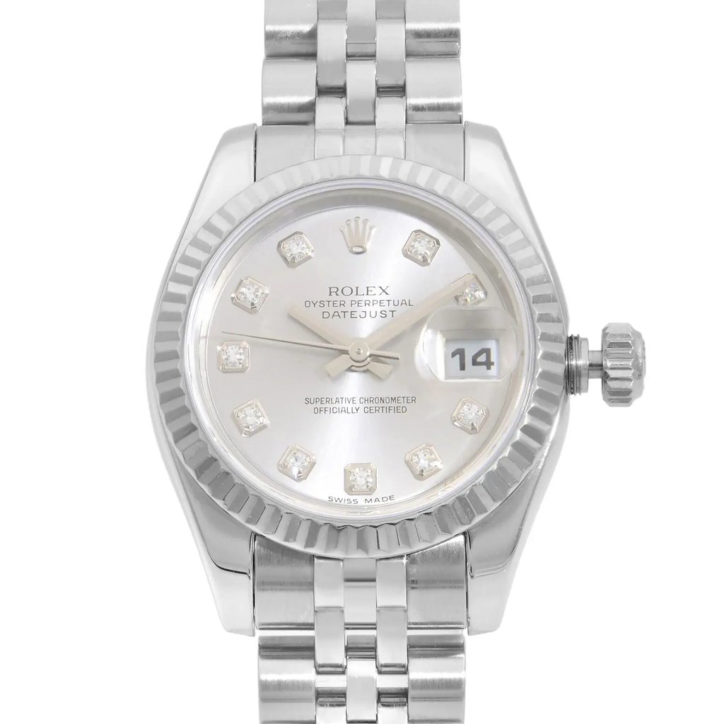 Up Close Front Facing Picture Of Rolex 179174 Stainless Steel Watch Pre Owned Condition