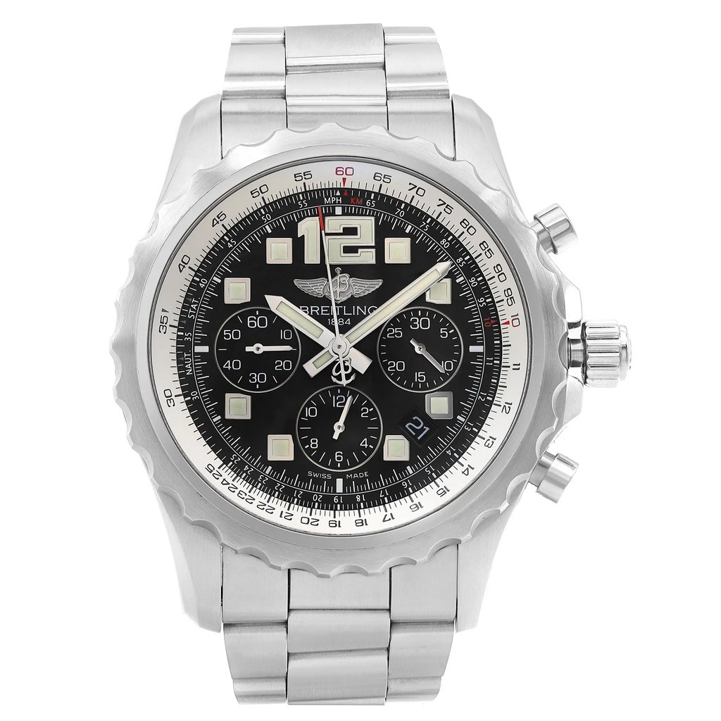 An image of a pre-owned Breitling men's wristwatch in good condition, featuring a front full frontal view. The luxury watch has a round shape with a black dial, steel bezel, and stainless steel band and case. The dial includes 12-hour indices with Arabic numerals, sub-dials, and square indexes. The watch is viewed head-on and occupies the majority of the frame, with a clear focus on its details. The watch is pre-owned and may show signs of wear and scratches.