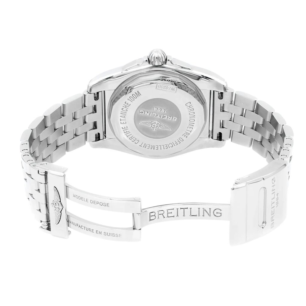 Back View Of {Caseback} Back Case And Open Stainless Steel Band Of Breitling W7433012/BE08-376A Watch Display Model Condition