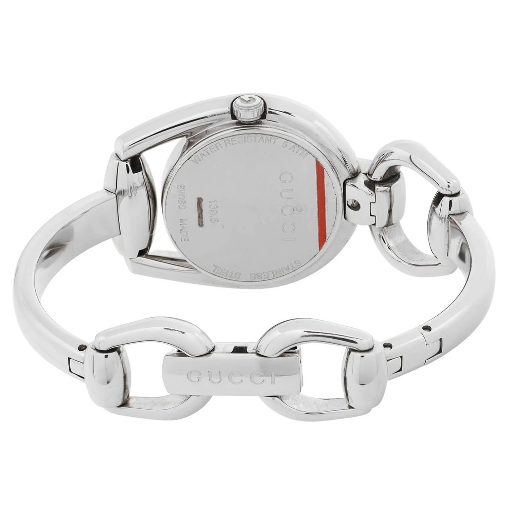 Back View Of Snap Back Case And Open Stainless Steel Band Of Gucci YA139506 Watch Pre Owned Condition
