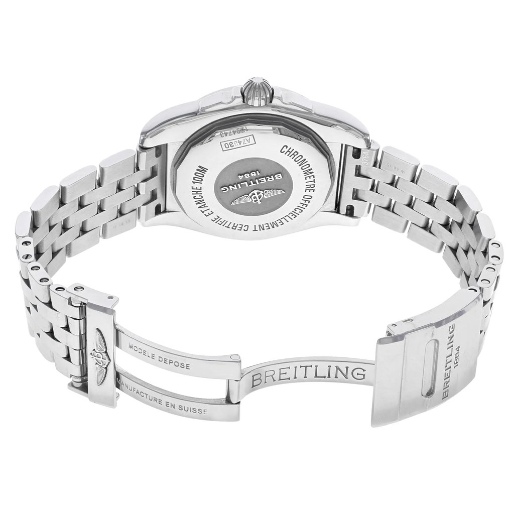 Back View Of {Caseback} Back Case And Open Stainless Steel Band Of Breitling A7433053/BE08-376A Watch Display Model Condition
