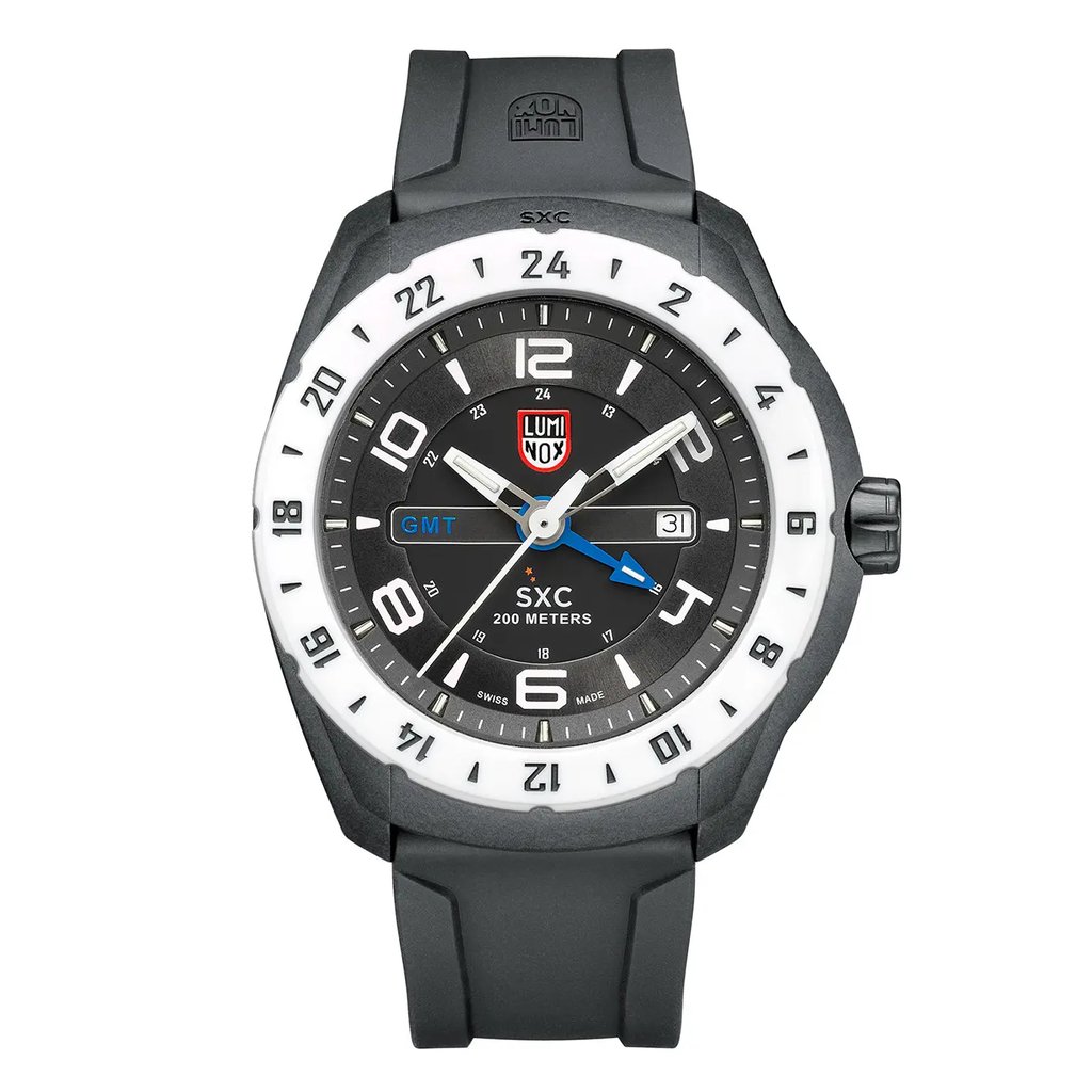 An image of a Wristwatch by Luminox. This Pre Owned item is designed for Men, featuring a Pilot/Aviator style. It has a Quartz movement and an Analog display with a Black dial color. The indices include 12-Hour Dial,Arabic Numerals,Stick Indexes. The band is made of Rubber and the case is made of Carbon. The watch has a Round shape with a case size of 46 mm and a case thickness of 16 mm.