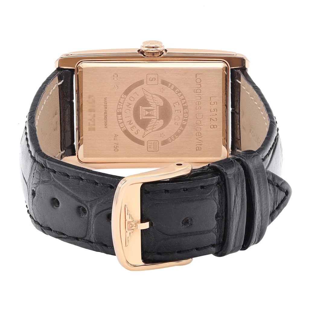 Back View Of Snap Back Case And Closed Leather Band Of Longines L5.512.8.57.0 Watch Display Model Condition