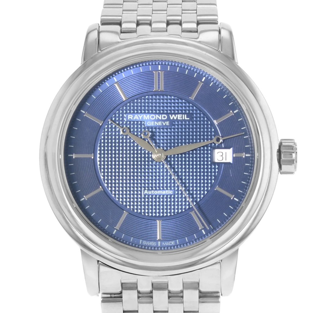 Up Close Front Facing Picture Of RAYMOND WEIL 2837-ST-50001 Stainless Steel Watch Pre Owned Condition