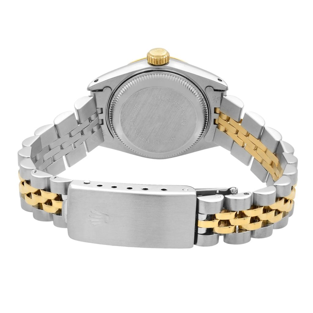 Back View Of {Caseback} Back Case And Closed Stainless and Solid Gold Band Of Rolex 69173 Watch Pre Owned Condition