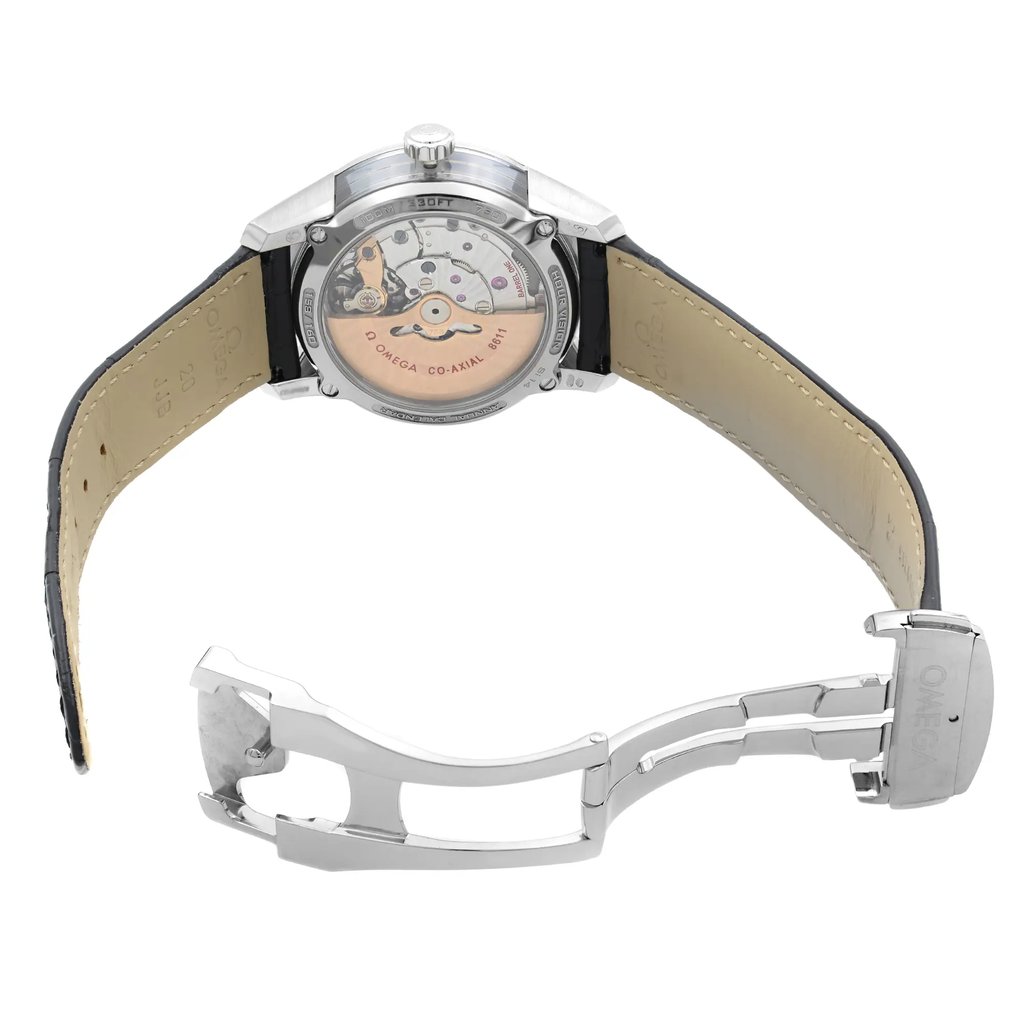 Back View Of Exhibition Back Case And Open Leather Band Of OMEGA 431.63.41.22.01.001 Watch Unworn Condition